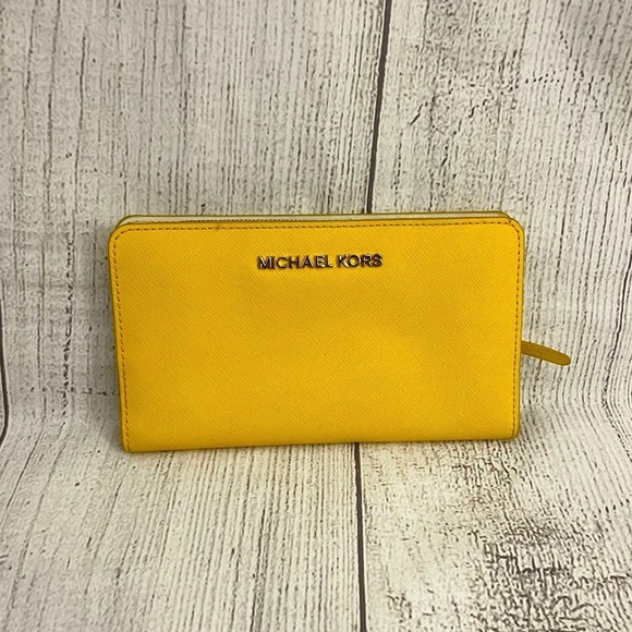 MICHAEL KORS Women’s Leather Bifold Snap Wallet Zipper Pocket Yellow Striped - Picture 1 of 6